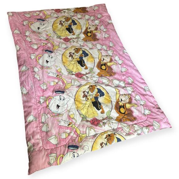 Vintage 90’s Twin Disney Beauty The Beast Comforter Pink RARE Reversible 81”x60”